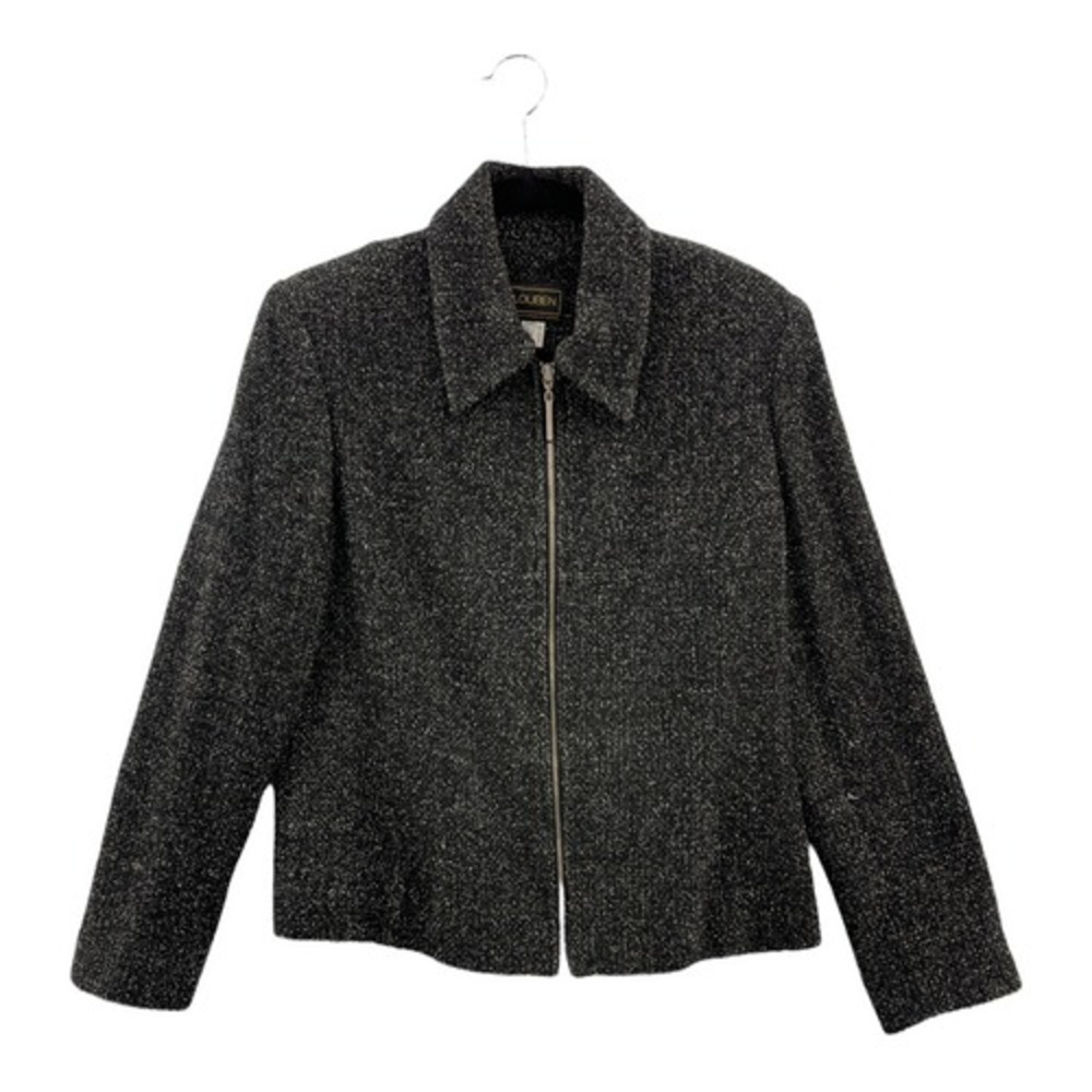 Louben Canada Tweed Jacket Women's Collared Full Zip Black Gray Career Coat‎